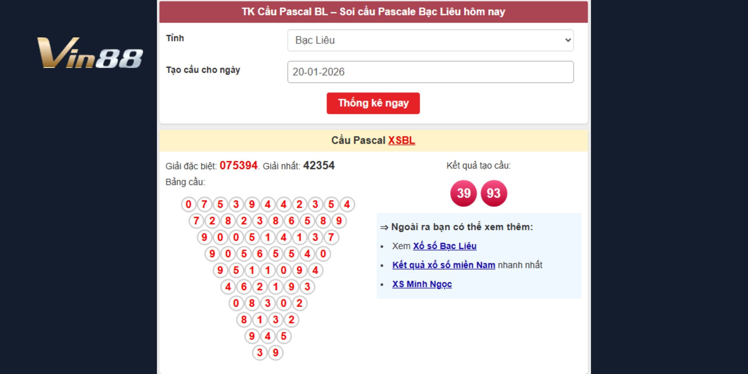 Dự đoán xổ số miền Nam 20-01 theo cầu Pascal đối xứng 39, 93