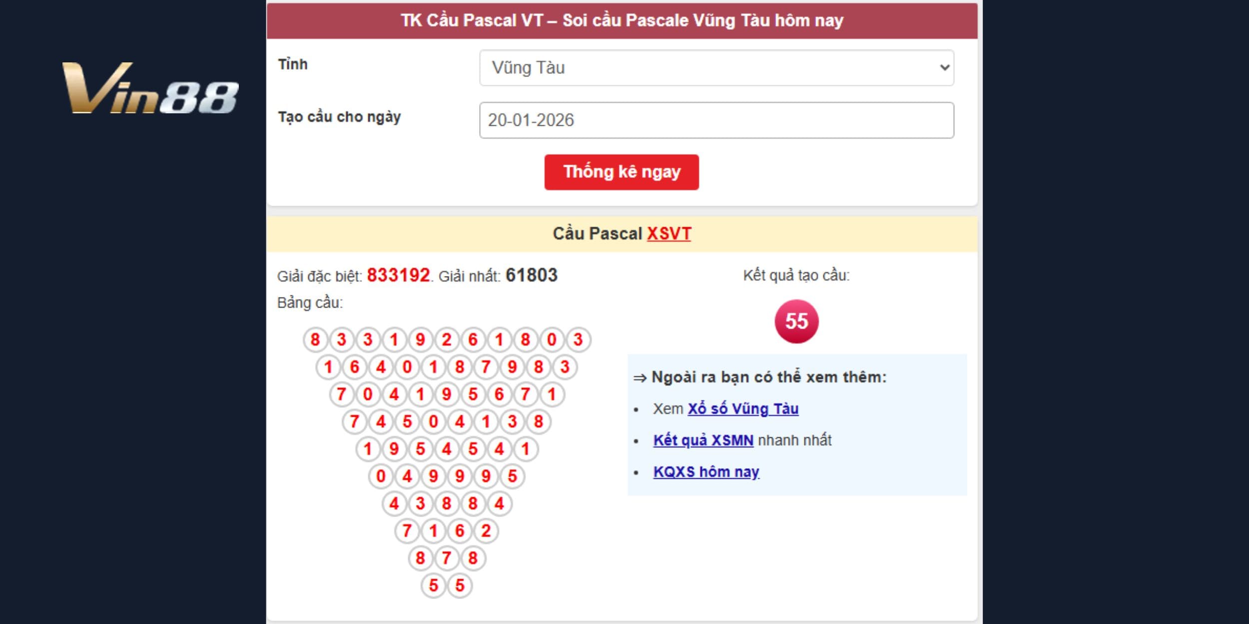 Dự đoán xổ số miền Nam 20-01 theo cầu Pascal trục 55