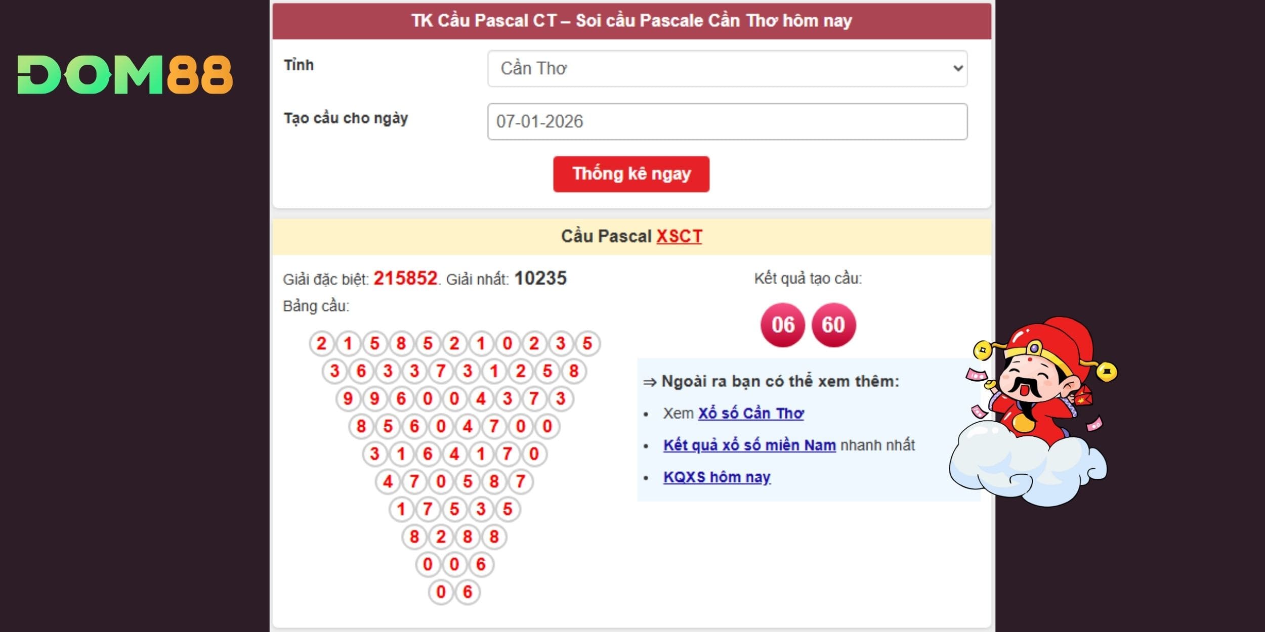 Dự đoán xổ số miền Nam bám cầu Pascal đài Cần Thơ