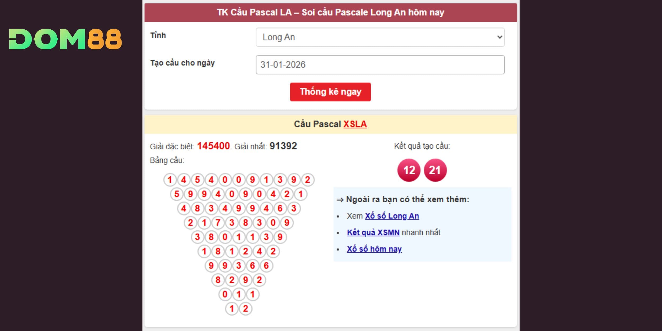 Dự đoán xổ số miền Nam ngày 31-01-2026 qua cầu Pascal đài Long An