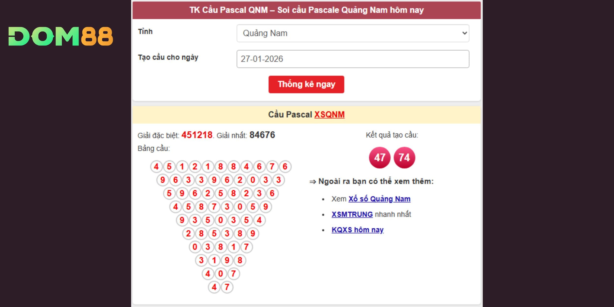 Dự đoán xổ số miền Trung bám cầu Pascal 47-74