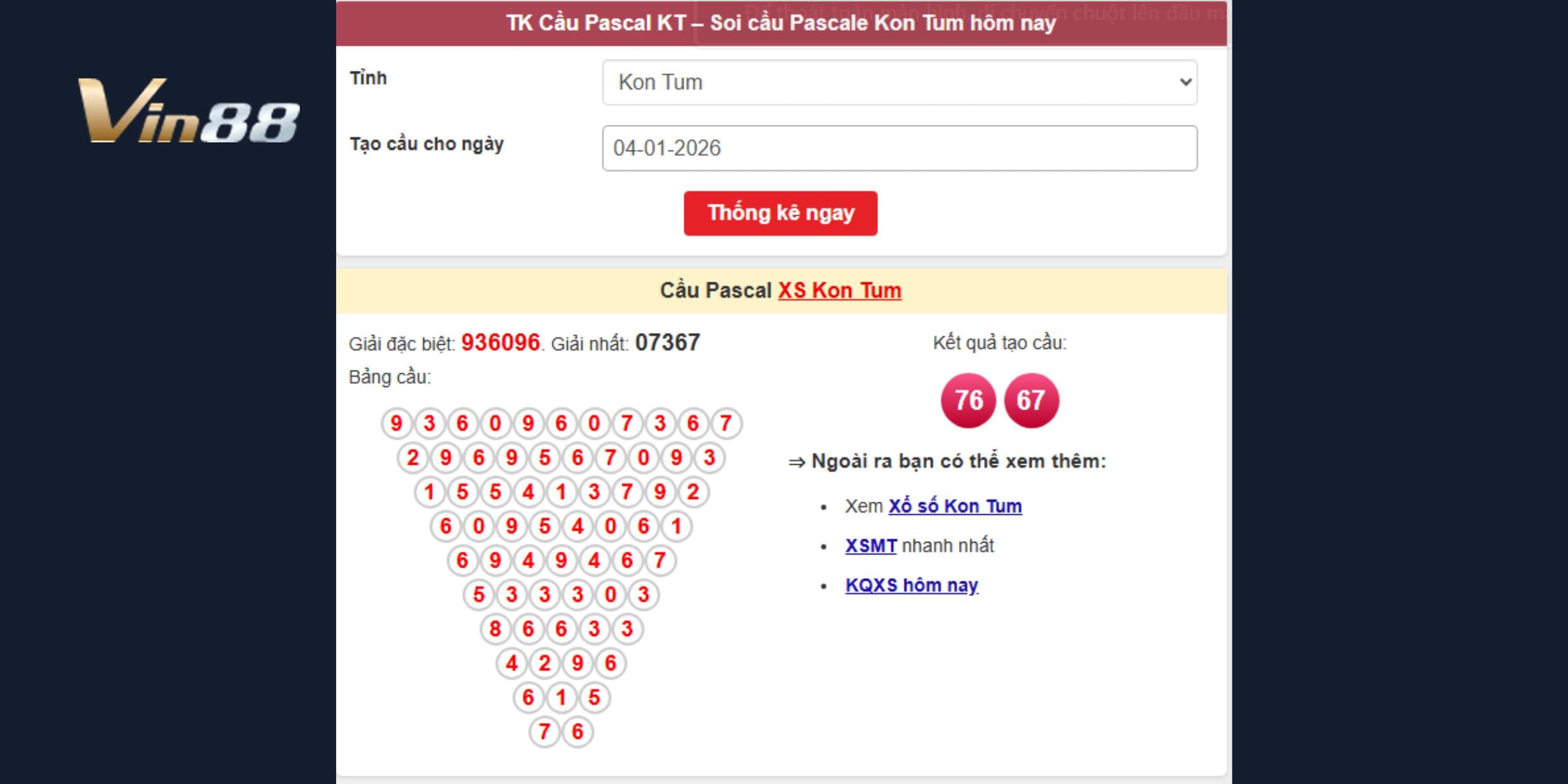 Dự đoán xổ số miền Trung tập trung cặp 67, 76 từ cầu Pascal