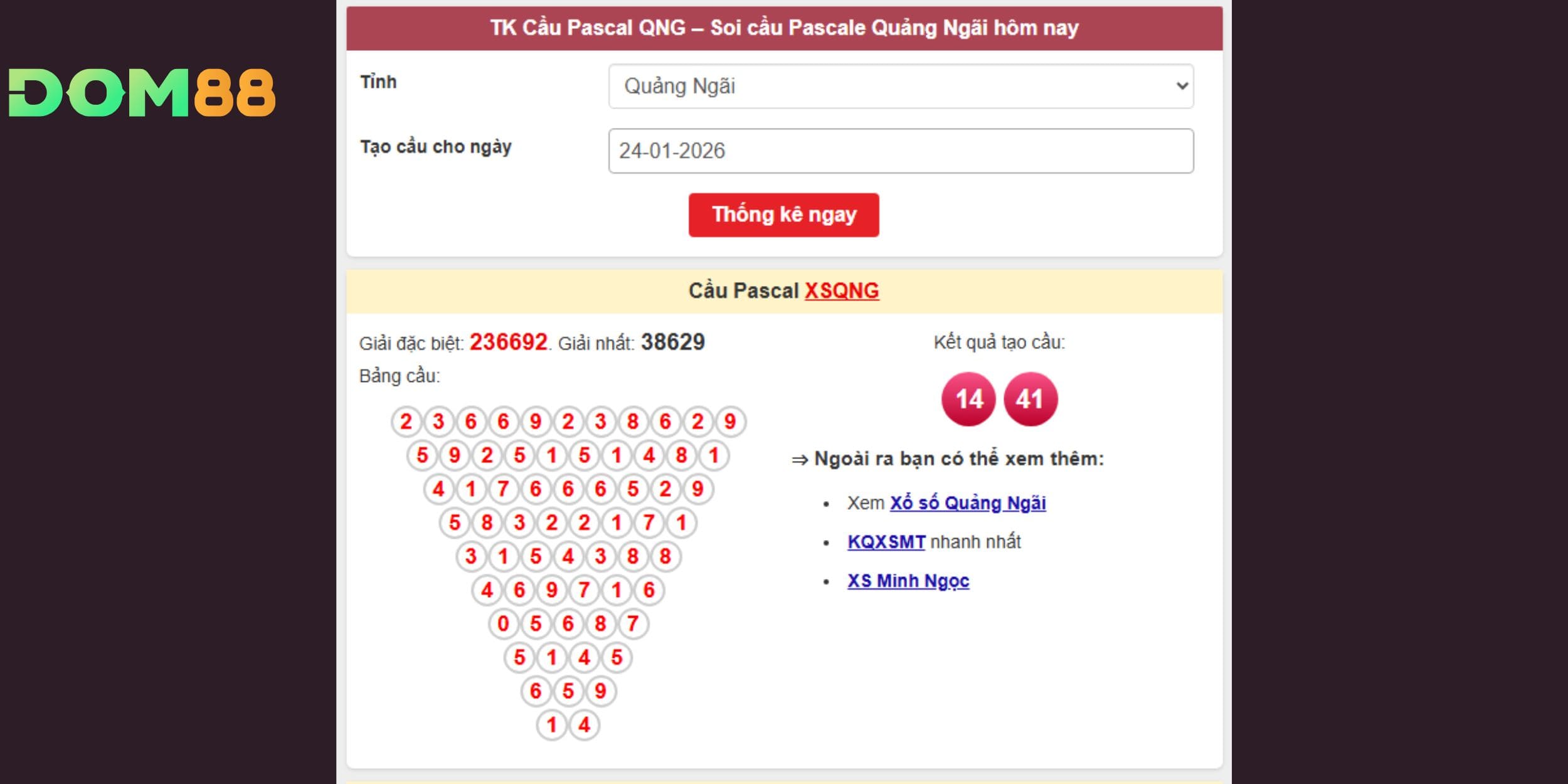 Dự đoán xổ số miền Trung theo cặp Pascal 14-41