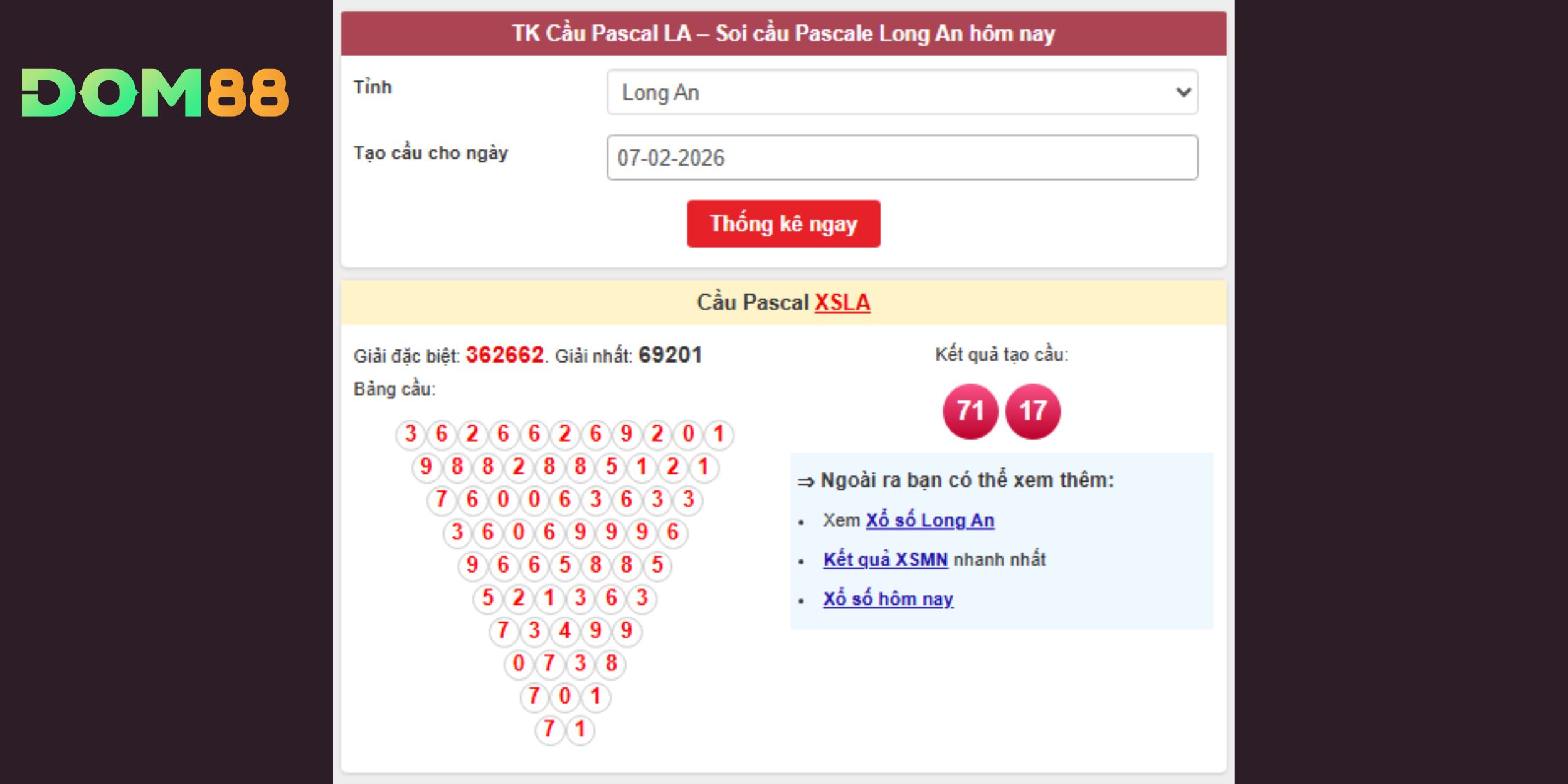 Dự đoán xổ số miền Nam theo cầu Pascal đài Long An