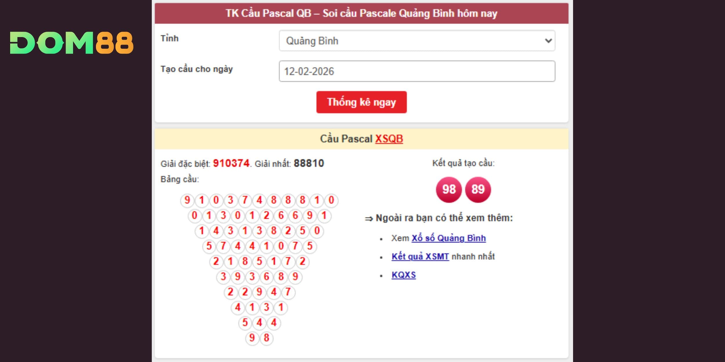 Dự đoán xổ số miền Trung qua cầu Pascal Quảng Bình 