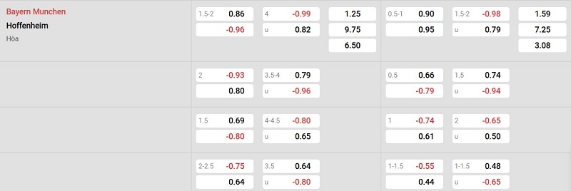 Bảng tỷ lệ kèo Bayern Munich vs Hoffenheim: