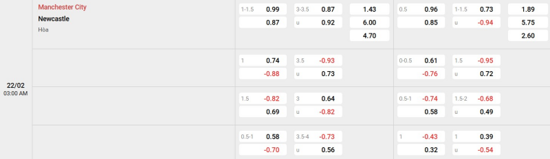 Cập nhật tỷ lệ kèo trận đấu giữa Man City vs Newcastle United