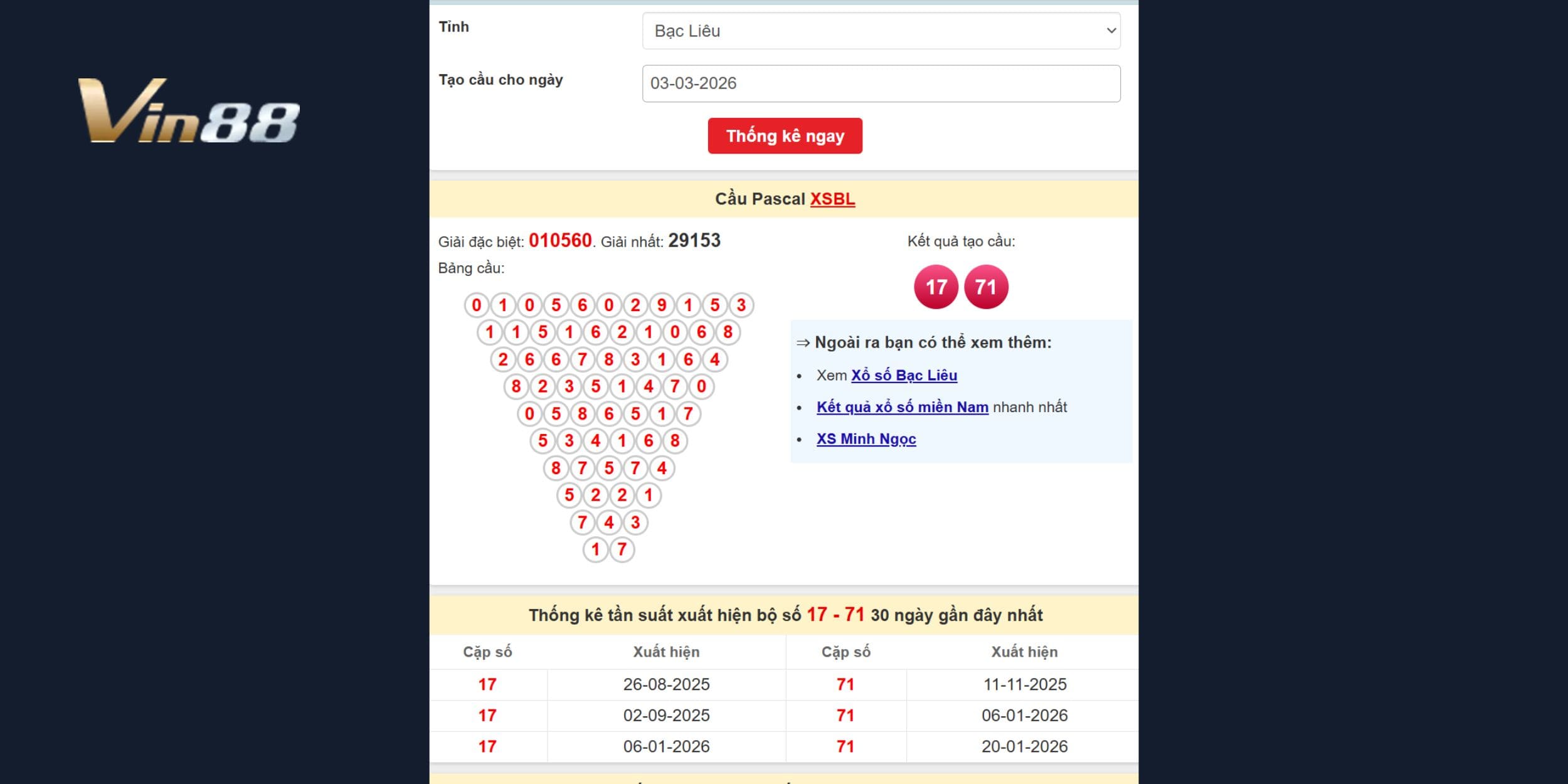 Dữ liệu chốt số chuẩn cho đài Bạc Liêu kỳ quay 03/03/2026