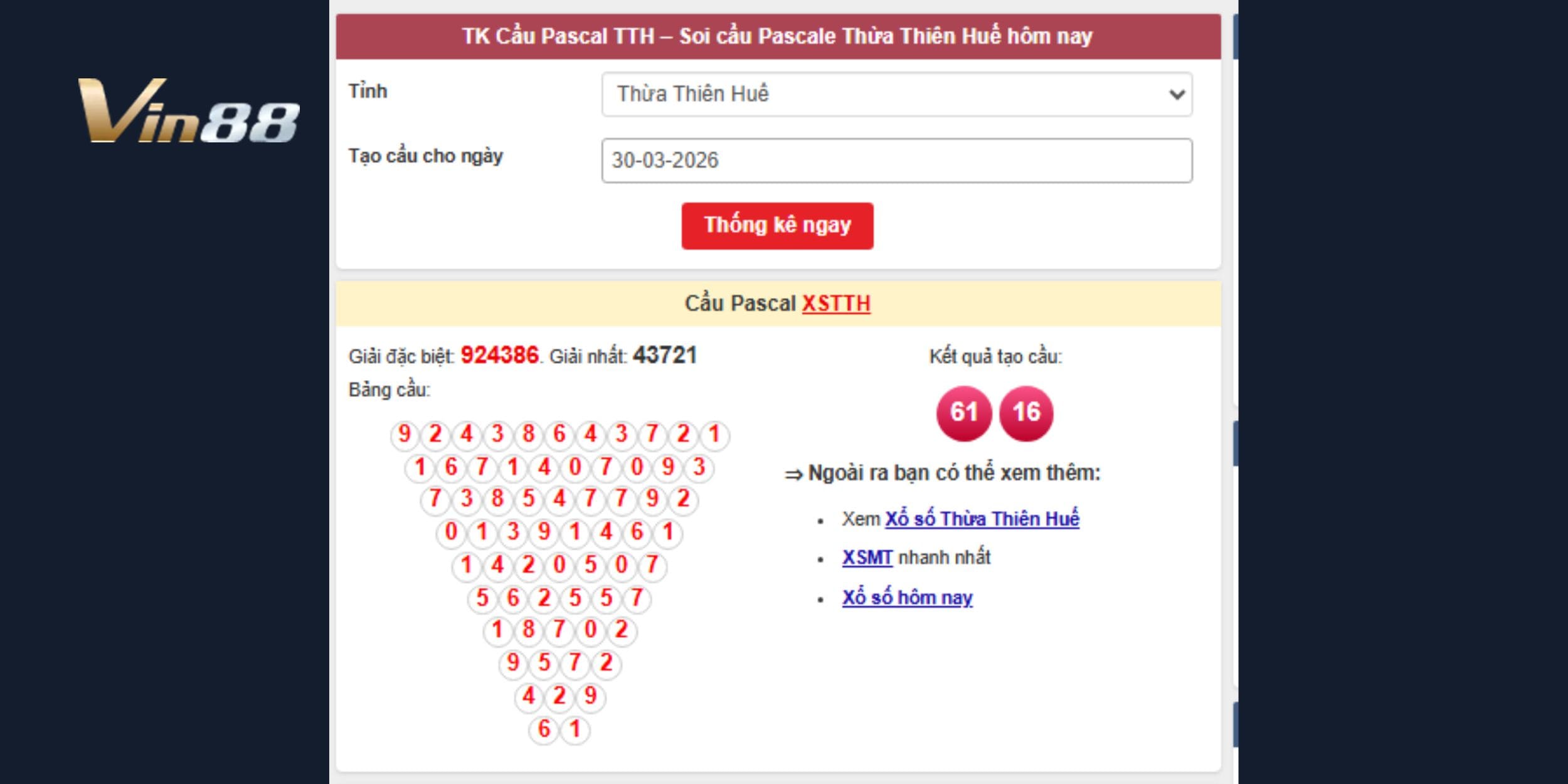 Dự đoán xổ số miền Trung theo cầu Pascal đài Thừa Thiên Huế