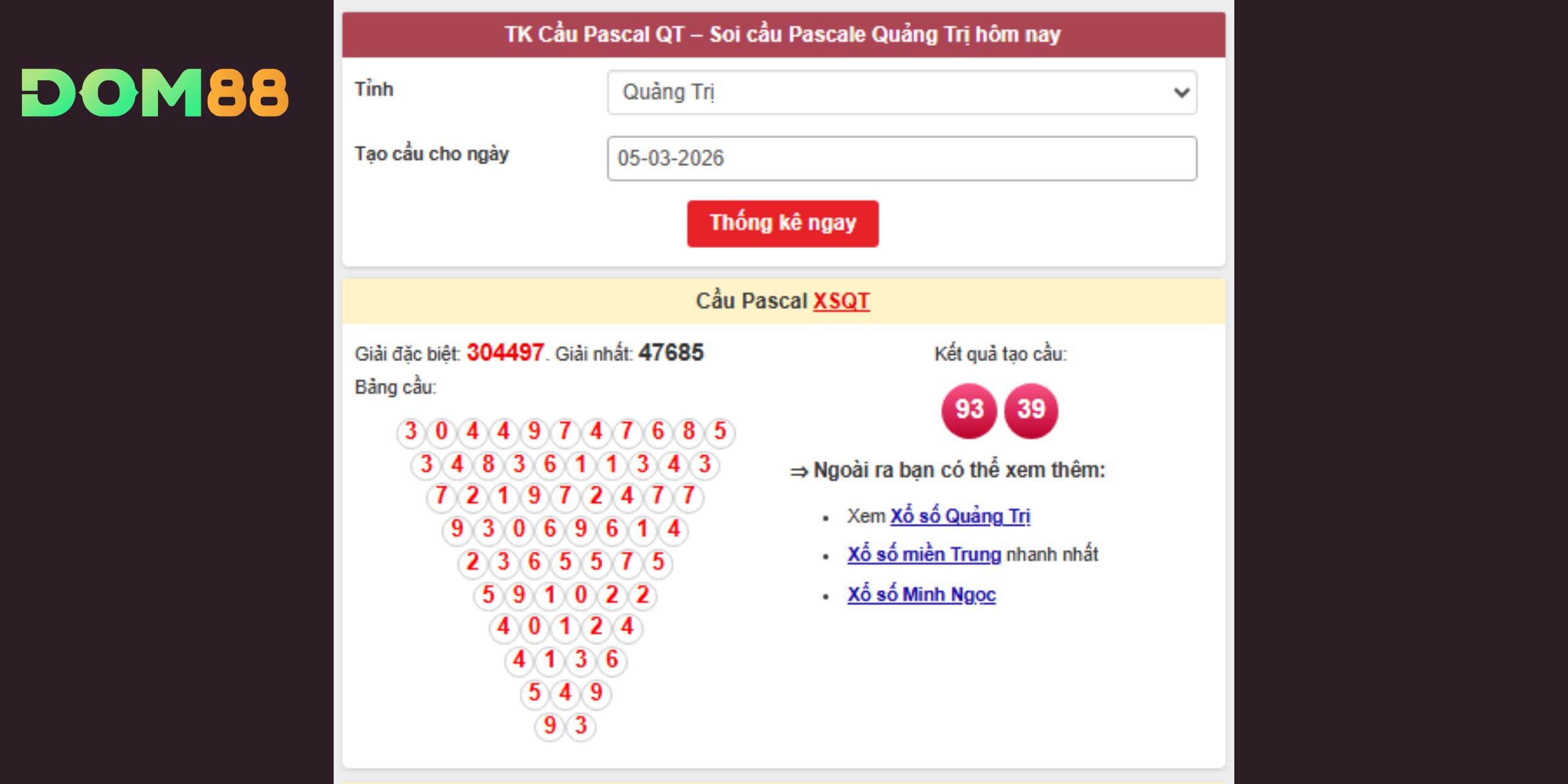 Dự đoán xổ số miền Trung vào 05-03 thông qua cầu Pascal