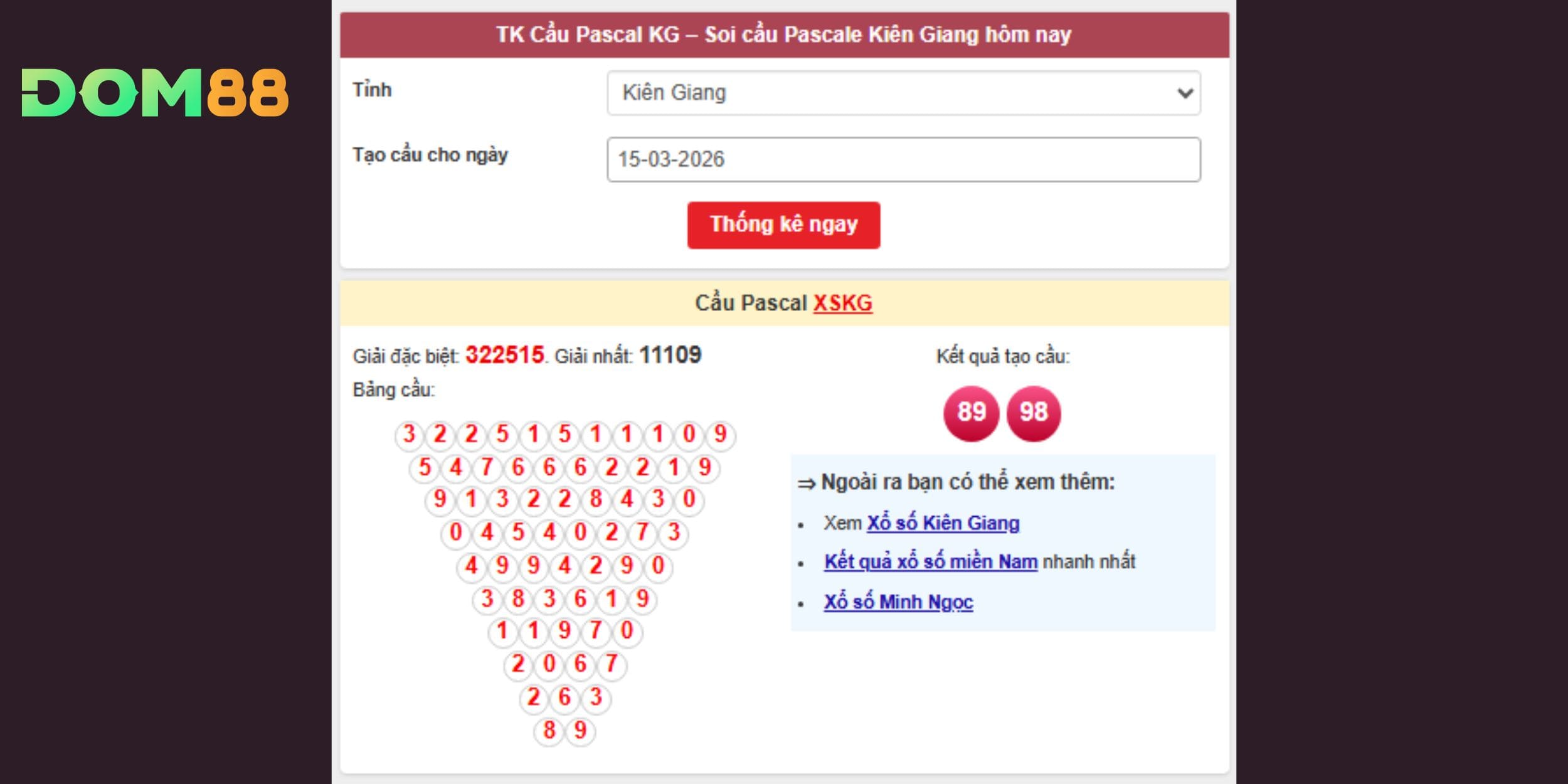 Soi cầu Pascal hỗ trợ dự đoán xổ số miền Nam đài Kiên Giang