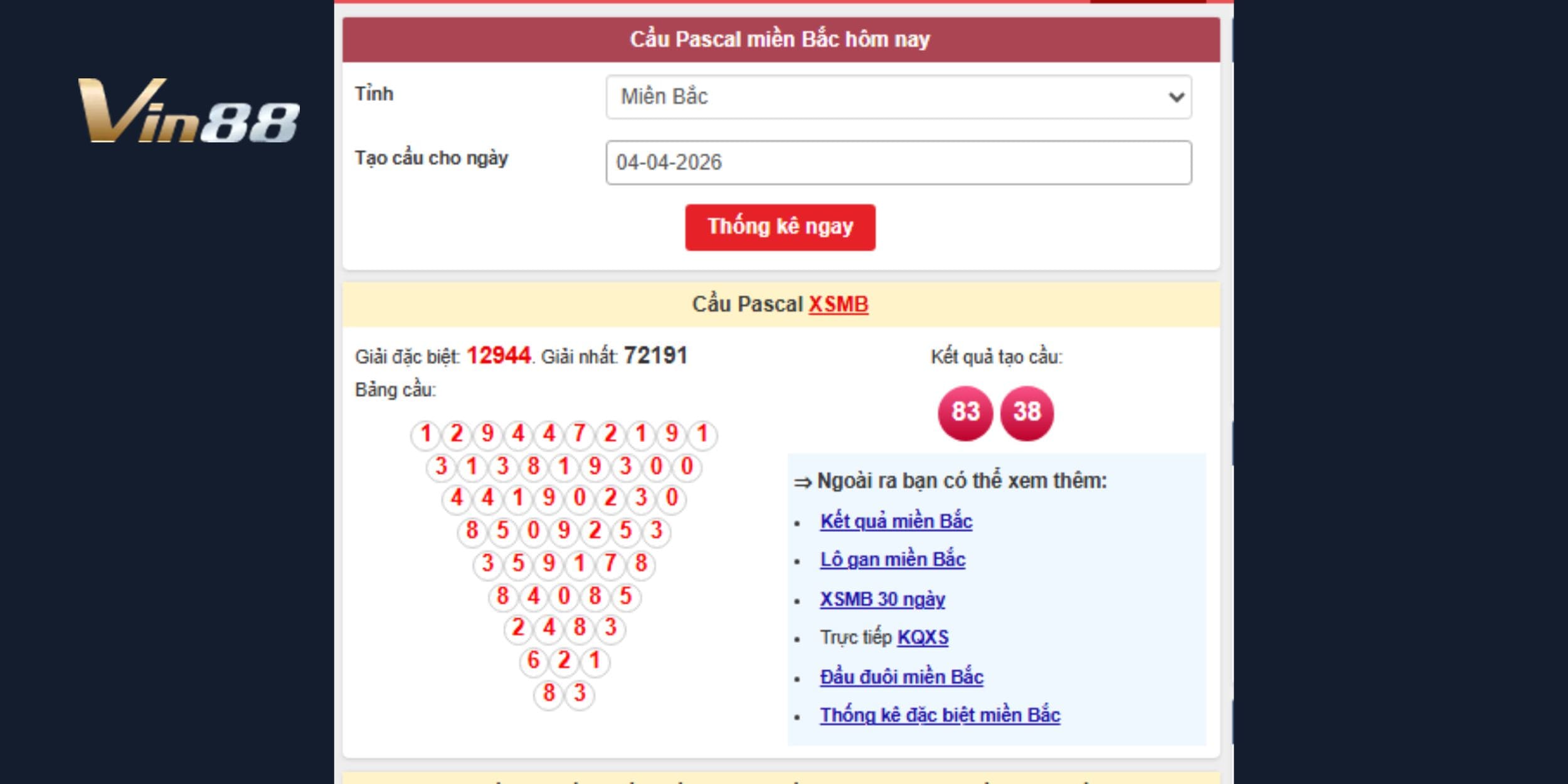 Cầu Pascal ngày 04-04-2026 nổi bật mạnh với bộ số 83 - 38