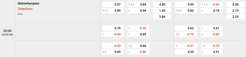 Cập nhật tỷ lệ kèo trận đấu giữa Wolves vs Tottenham