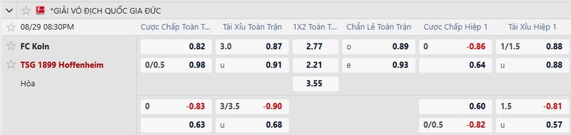 Bảng tỷ lệ kèo trận đấu FC Koln vs Hoffenheim