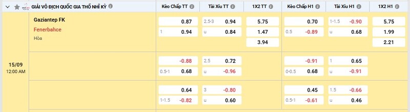 Bảng tỷ lệ kèo trận đấu Gaziantep vs Fenerbahce